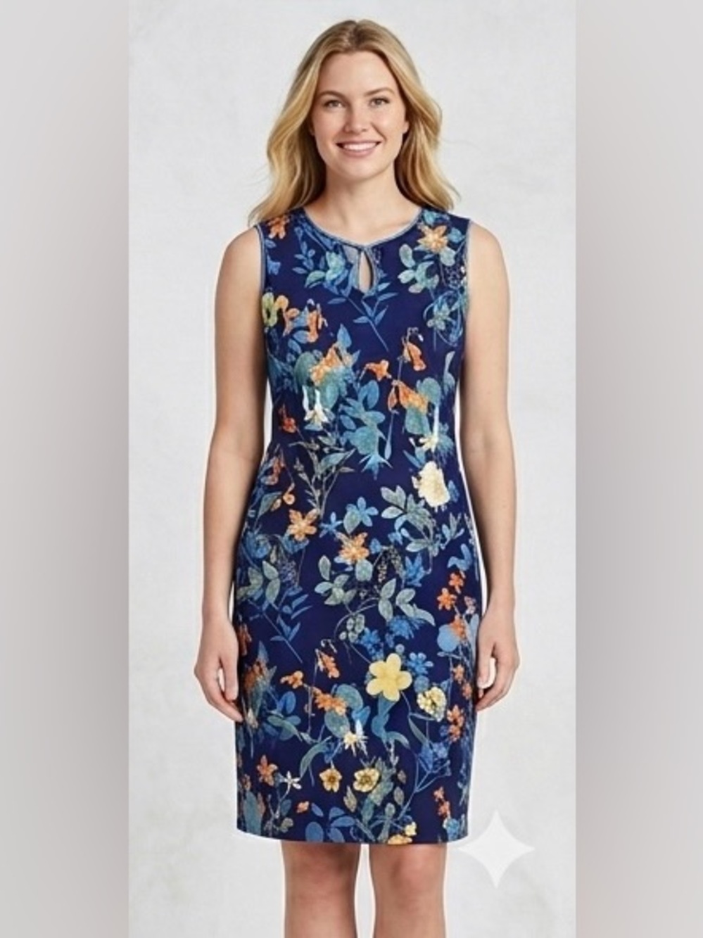 Lands' End Navy Floral Sleeveless Midi Dress